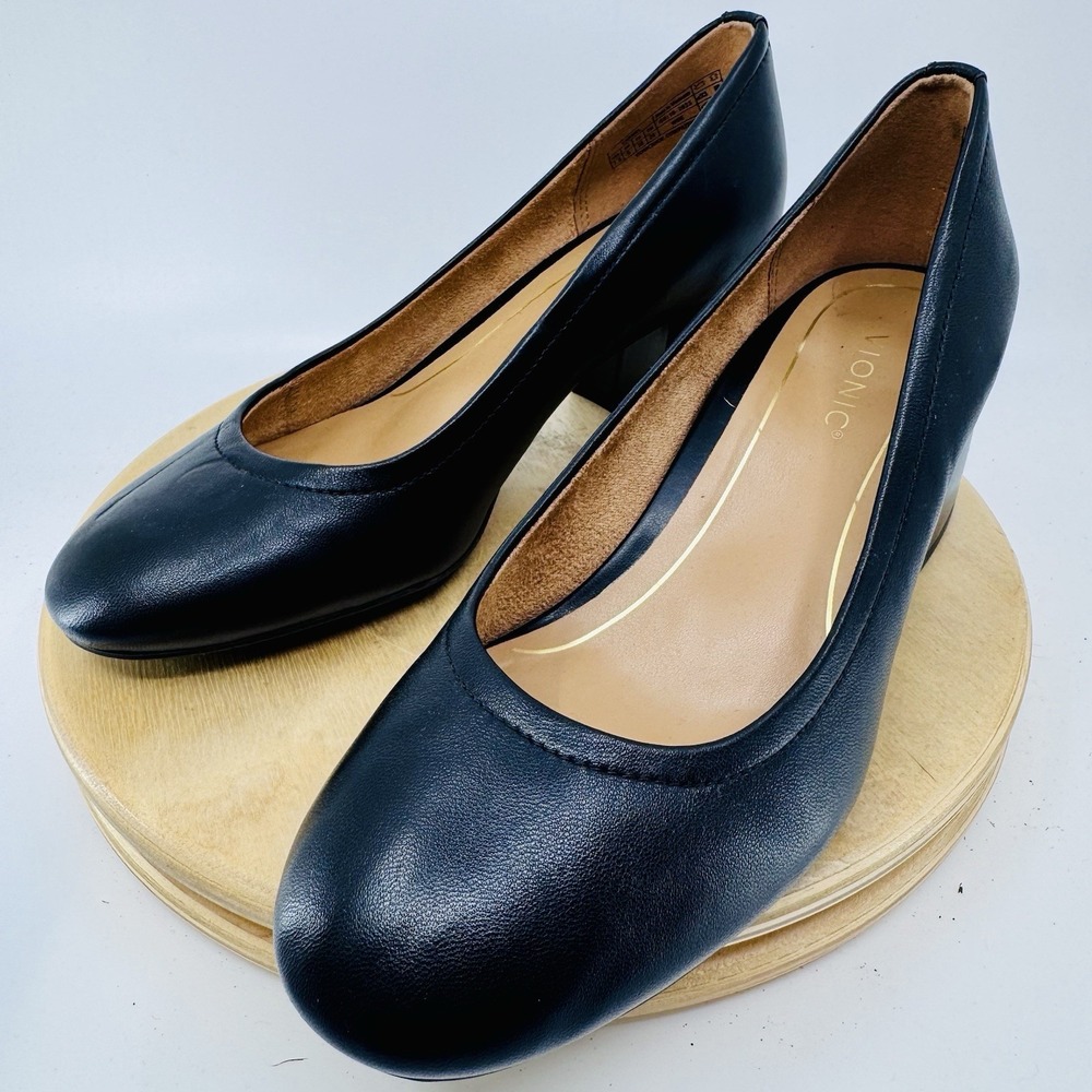 Vionic Carmel Pumps Womens 7.5 Wide Black Leather Block Heel Comfort Shoes EUC